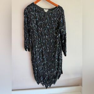 Papillon Blanc Black Sequin Long Sleeve Dress with Iridescent Accents vintage